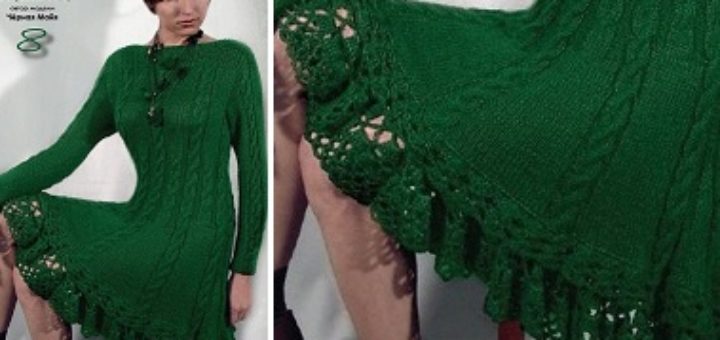 Вязание спицами. Зеленое платье
